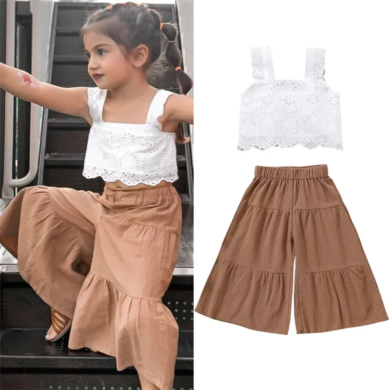 Clothing Sets Summer Girls Clothing Sets Casual Style Floral Lace Sleeveless Crop TopsWide Leg Pants Baby Clothes Children Kids Outfits 230313