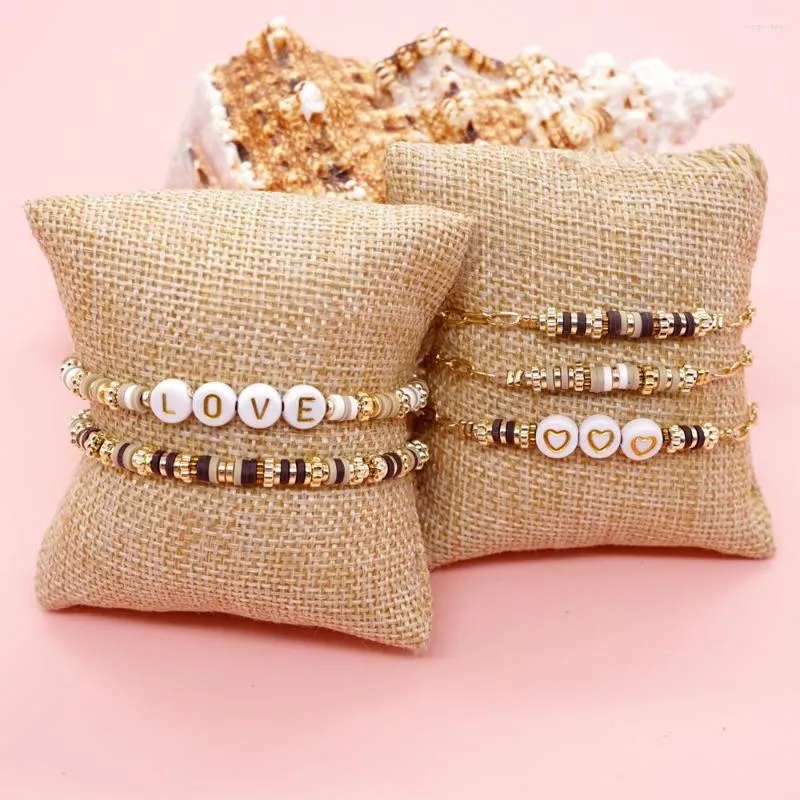 Strand Vlen Polymer Clay Heishi Bracelet Gold Color Bracelets for Women Vintage Jewelry Love Heart Beads Confing Pulseras