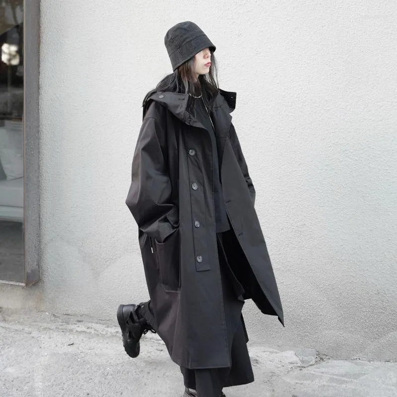 Trench-Coats Femme Niche Japanese Dark Design Sense Yoji Yamamoto Veste Coupe-Vent À Capuche Femme Manteau Mi-long Lâche Wild Tide Button