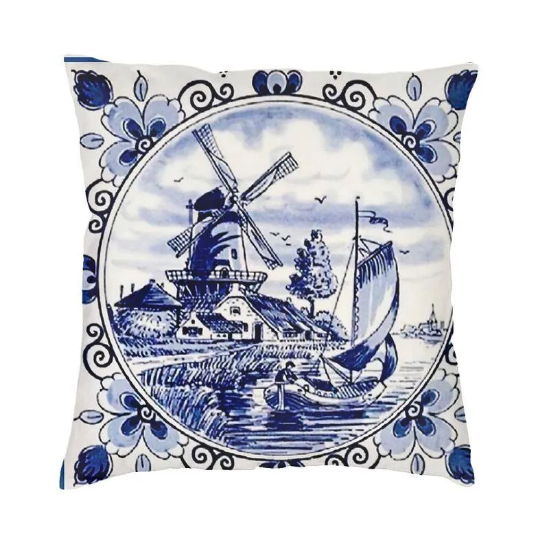 Oreiller/affiche décorative de moulin à vent Vintage de Style nordique en bleu néerlandais Delft couvre 40x40cm étui en velours pour canapé carré