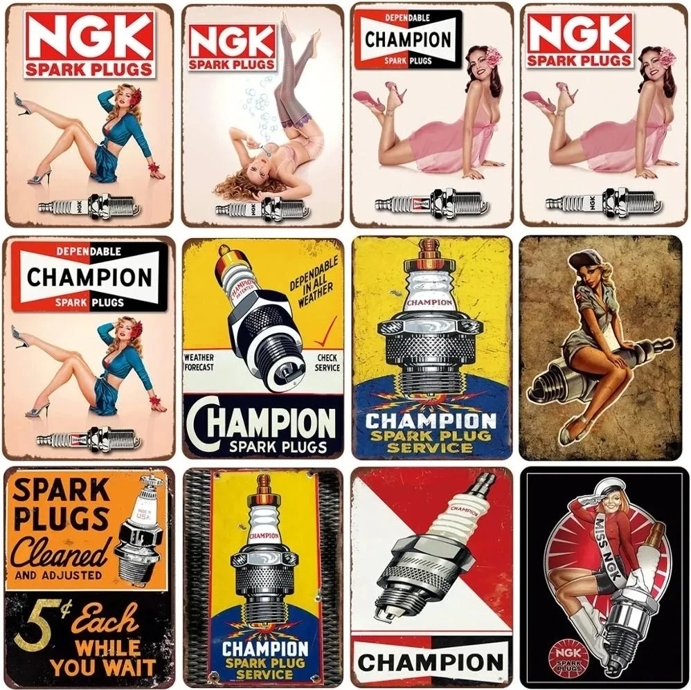 Spark Plugs Service Tin Sign Vintage Garage Metal Plate Painting Champion Retro Iron Picture Wall Decoration For Garage Car Shop Personalized Art Decor 30X20CM w01