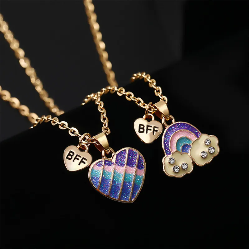 Faahion Best Friends Rainbow Heart Pendant Necklace Designer for Children Alloy Gold Chain South American BFF Pendants Necklaces Short Choker Friendship Jewelry