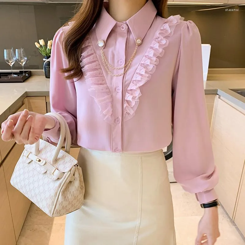 Blusas femininas 2023 Autumn Elegante French Chiffon Stitching Camisa de renda feminina Tops de manga longa Mujer Blusas Pink Blouse White Beading