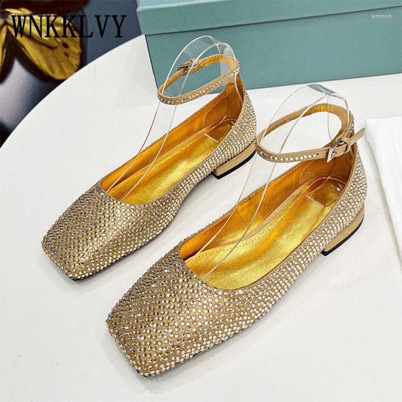 Sandals Summer Belt Buckle Low-heel Flat Bottom Women's Pointed-toe Shiny Crystal Decor Single Shoes Banquet Dress