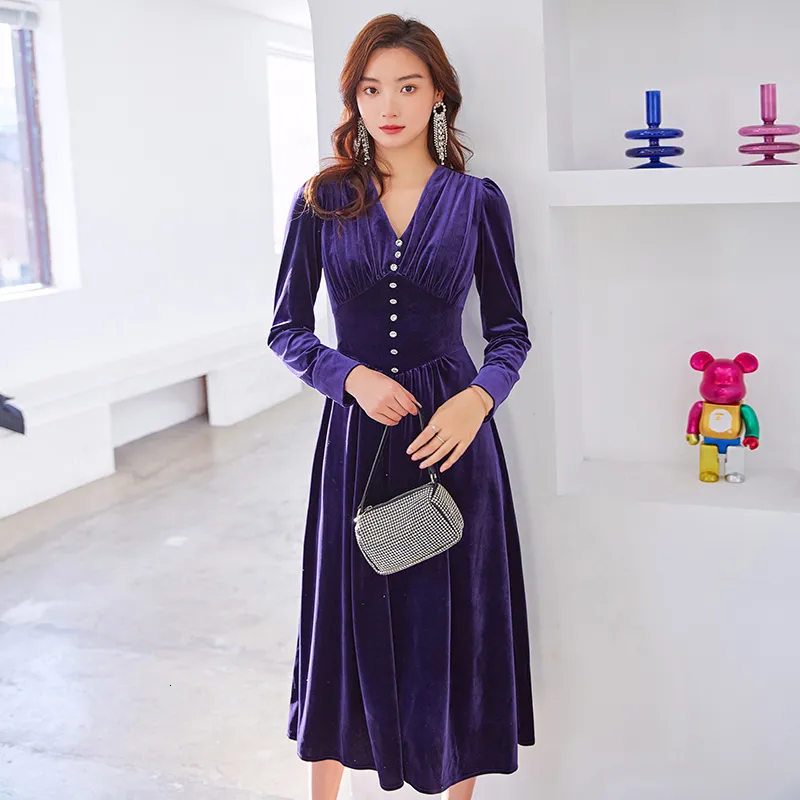 YIGELILA Elegant velvet Long velvet midi dress - Solid V-neck Empire Slim Mid-length A-line Purple velvet midi dress for Women (Style #66348 230313)