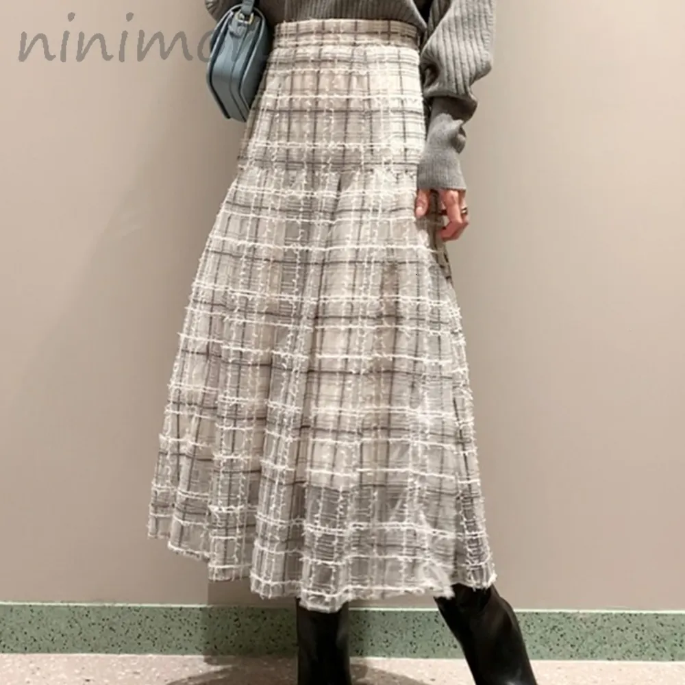 스커트 Ninimon Plaid Tulle Skirt High Waist Pleated Mesh Midi 스커트 A- 라인 우아한 가을 겨울 체크 스커트 여성 패션 빈티지 230313
