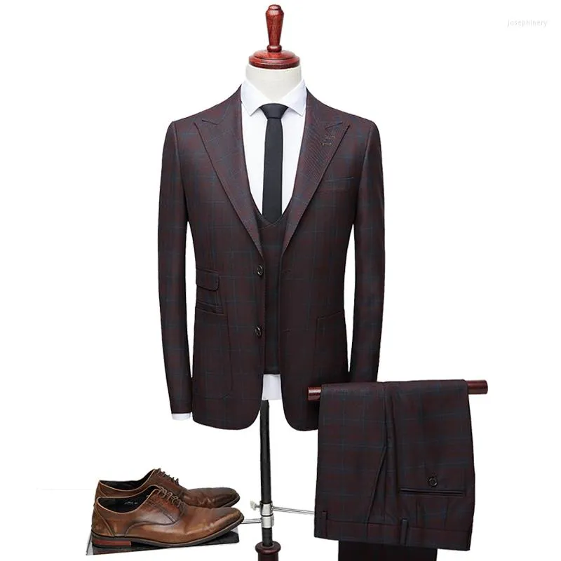Garnitury męskie 2023 Suit 3 sztuki mody w kratę szczupła sukienka ślubna Blazer spodni i kamizelka wino czerwony