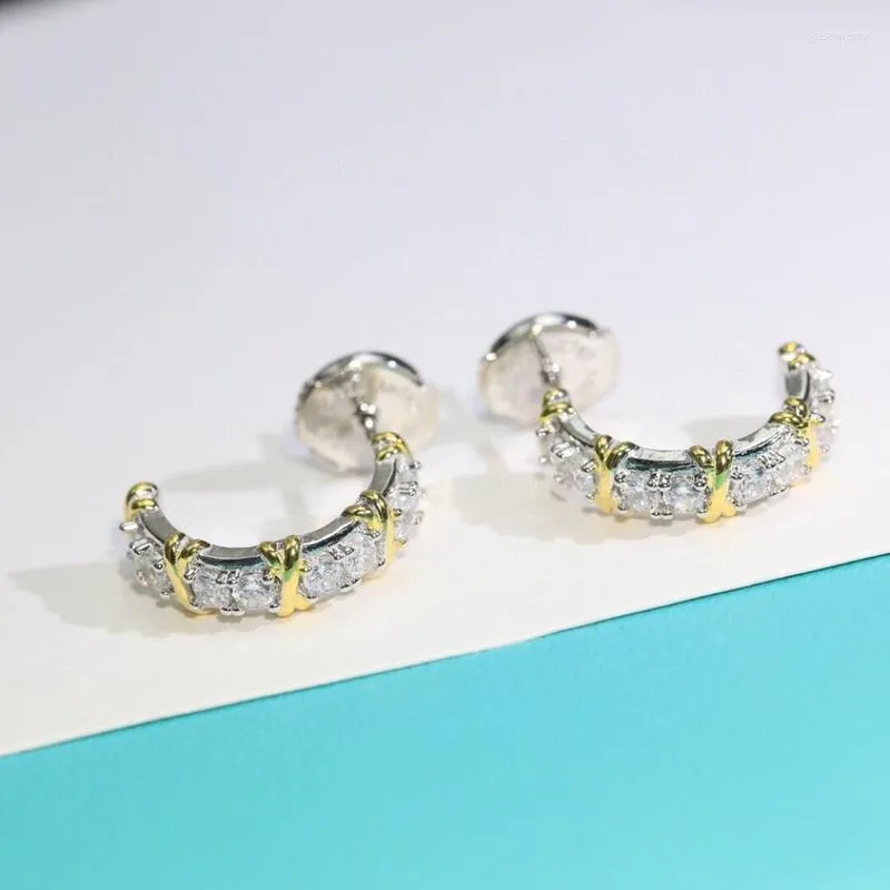Hoop Earrings 925 Sterling Silver Zircon Geo 2 Tone For Women Designer Jewelry Gothic Luxury Party Cute Gift Date Rare Prom 1353