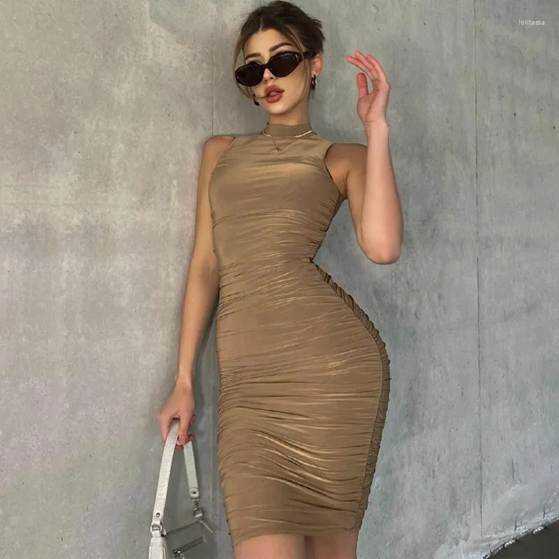 Casual Dresses Zoctuo Solid Women Ruched Mini Dress Sleeveless High Neck Bodycon Sexig Streetwear Party Elegant Club 2023 Sommarkläder