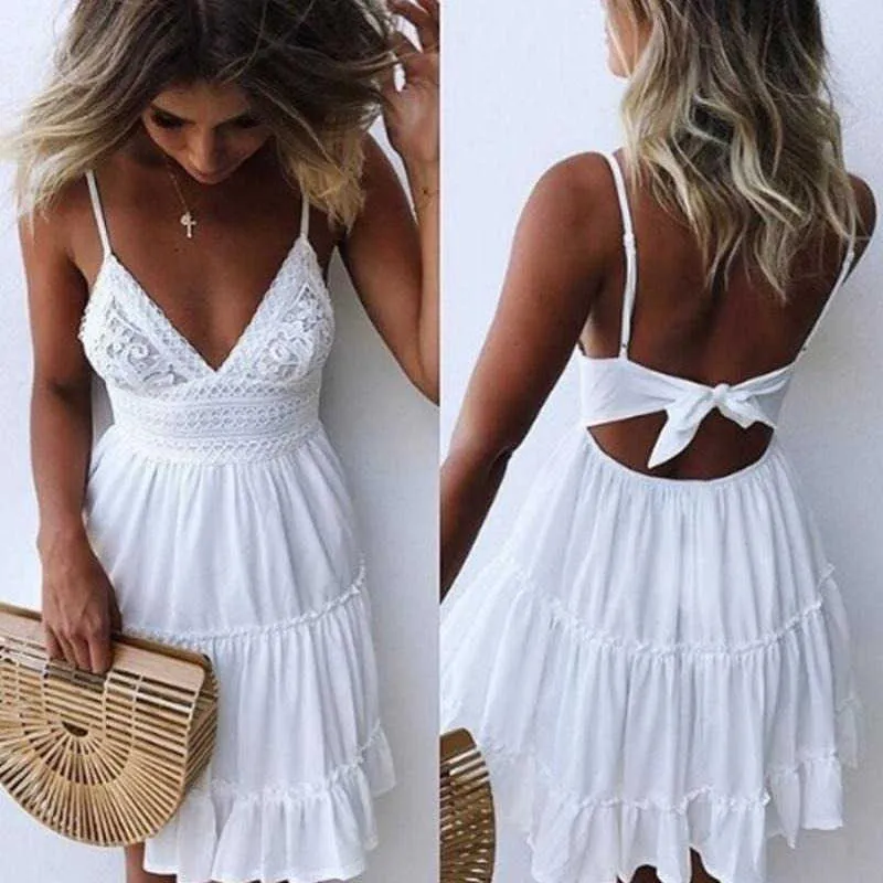 Meninas Vestido De Verão Branco Vestidos De Alça Esparguete Laço Sexy  Feminino Decote Em V Mangas Praia Sem Costas Laço Patchwork Mini Vestido De  $155,75 | DHgate