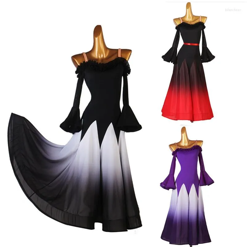 Vestidos de dança de salão de salão de bola de bola de bola de baile feminino waltz preto branco gradiente roxo cor de cor mq265