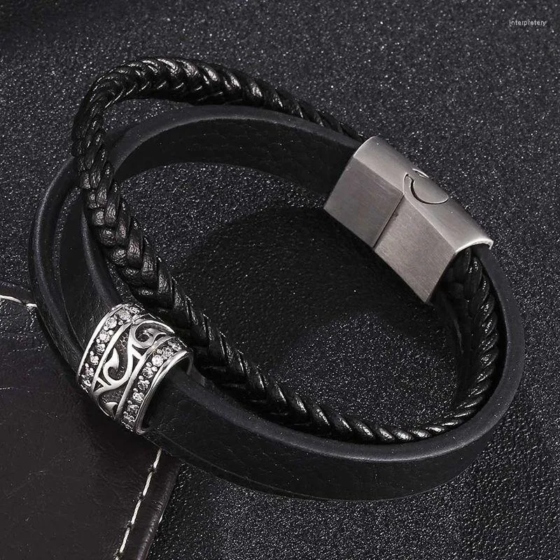 Charm Bracelets Trendy Men Jewelry Black Multilayer Braided Leather Male Bracelet Punk Stainless Steel Magnetic Buckle Bangles FR0443
