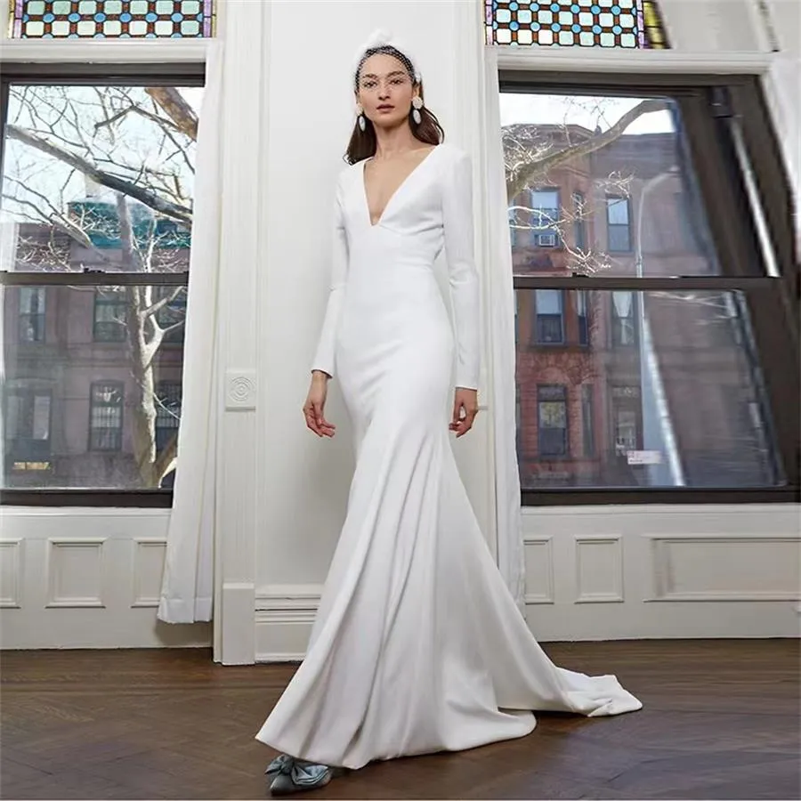 فستان الزفاف حورية البحر العروس أعماق الخامس البسيط فستان ساتان فرنسي بسيط خمر GT2224