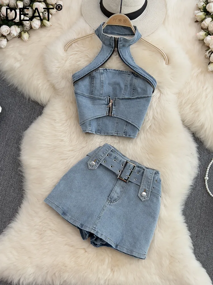 Women's Two Piece Pants DEAT Women Halter Backless Sexy Denim Top Hig Waist Shorts Two Piece Set Temperament Fashion Spring Summer 11D10231 230313