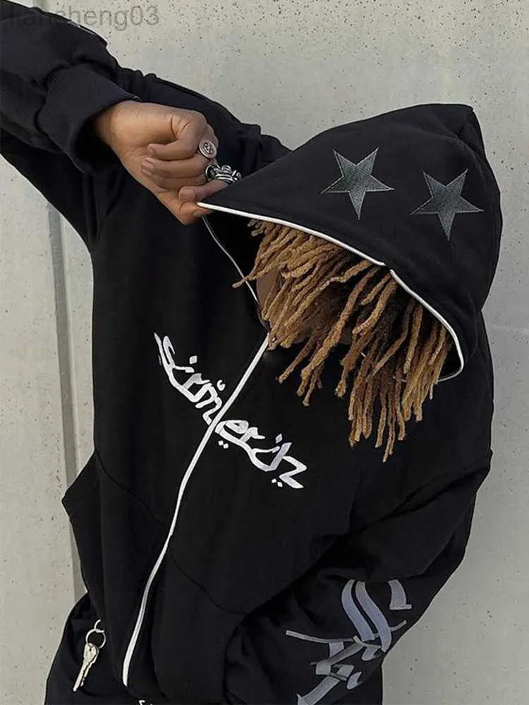 Men's Punk Star Embroidery Zip-Up Hoodie, Oversized Y2k Sweatshirt Jacket,  E-Girl 90s Pullover Streetwear W0313