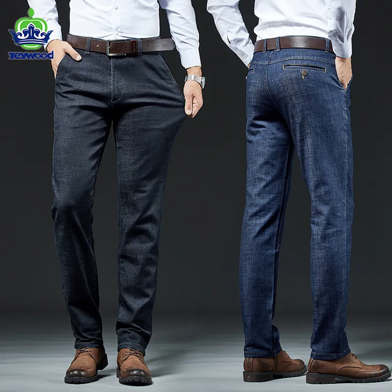 Jeans masculinos Autumn Winter Winter Men Stretch Slim Fit Business Business Casual Office Classic Moda Black Blue Straight Denim Troushers Male 230313