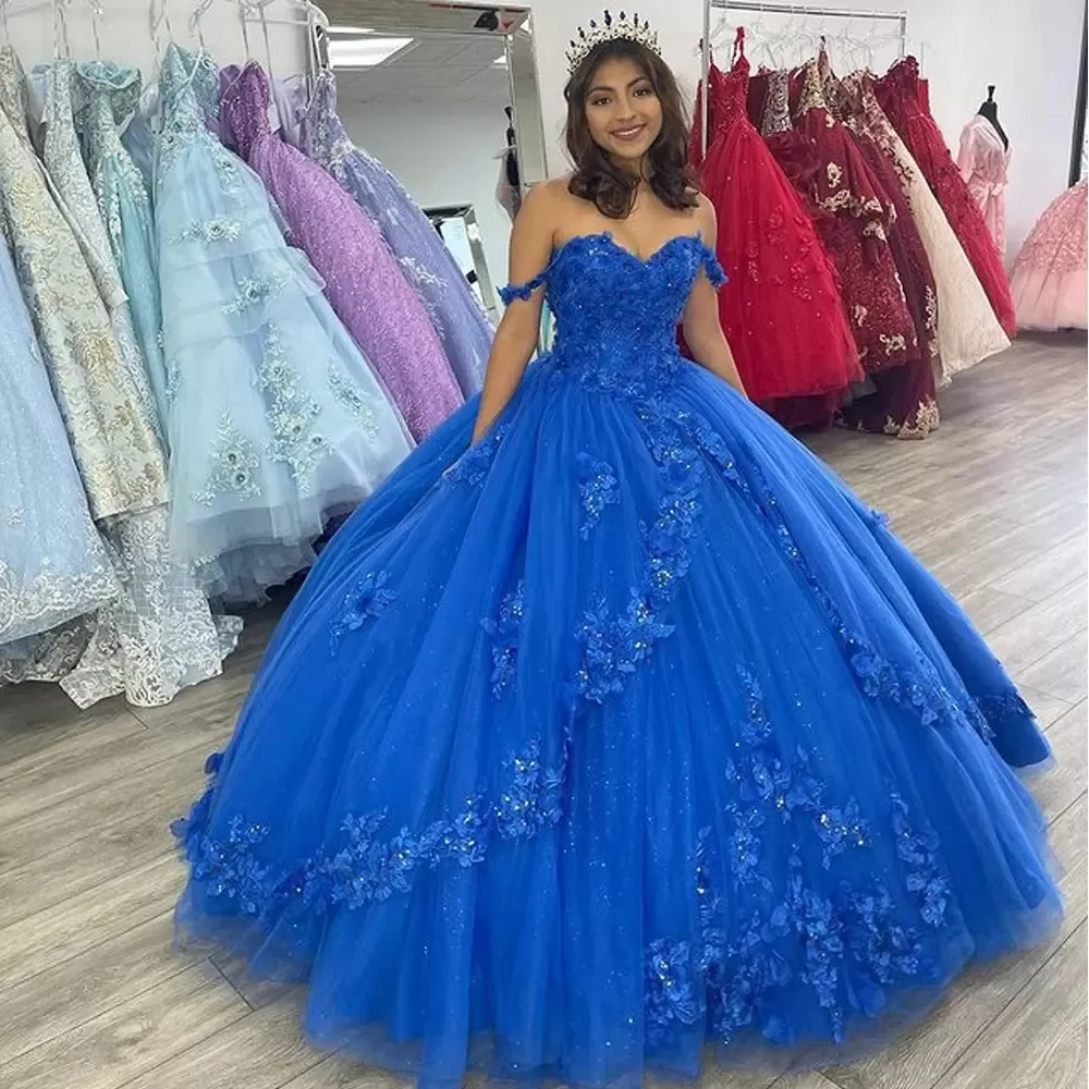 Quinceanera Vestidos elegantes Sexy Royal Blue Sweetheart Appliques Crystal Ball vestido com plus size Sweet Sweet 16 Devey Party Birthday Birthda