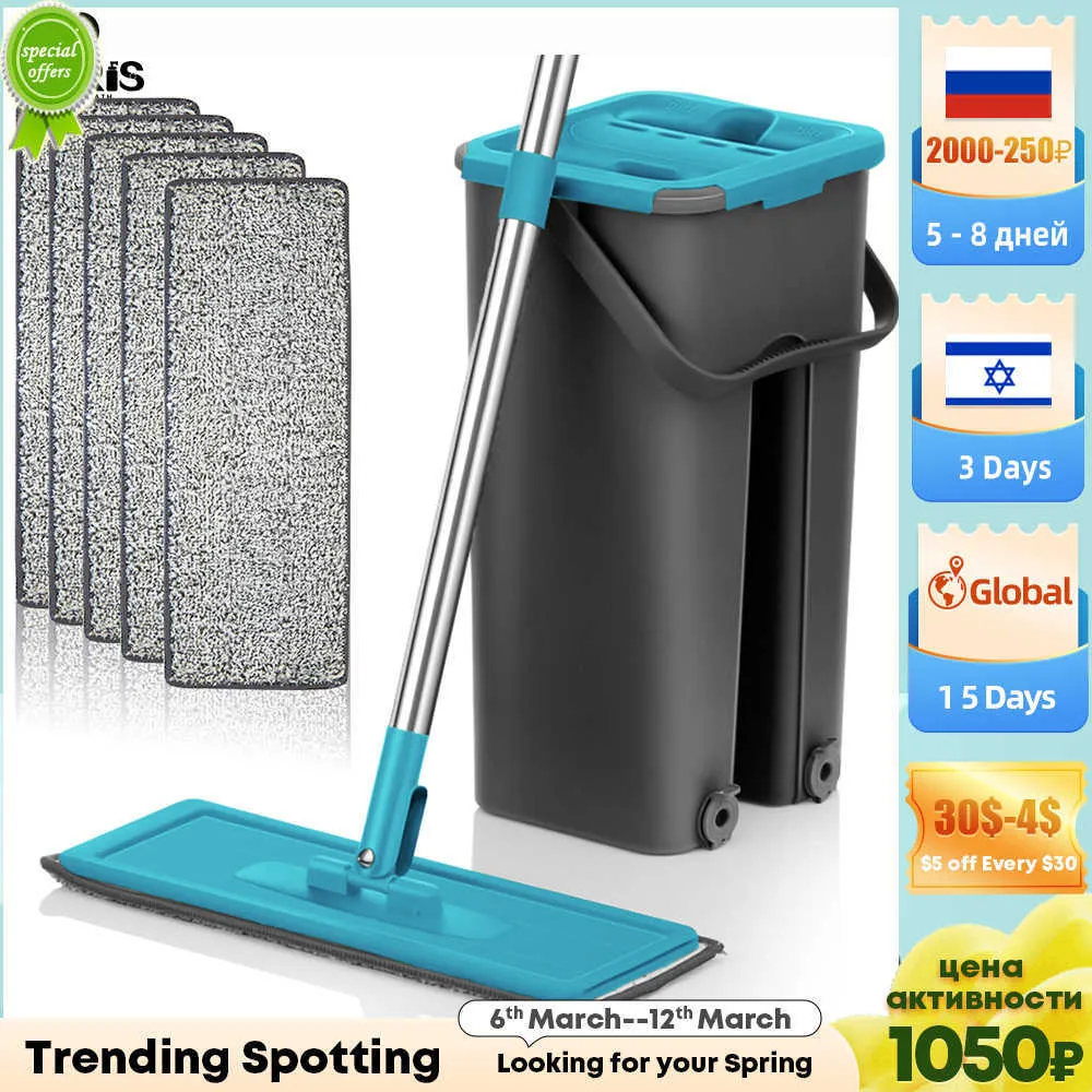 New Flat Squeeze Mop with Spin Bucket Hand Free Wringing Floor Cleaning Microfiber Mop Pads Wet or Dry Usage on Hardwood Laminate