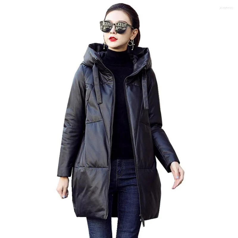 Women's Leather European Genuine Sheepskin Suede Down Hoody Coat Women Long Outerwear Overcoat LF2306BM