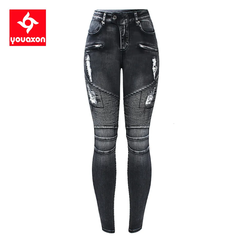 Womens Jeans 2168 Youaxon Fashion Motorcycle Zip Jeans Womens Mid High Waist Stretch Denim Skinny Pants Motor Jeans For Women Trend 230313