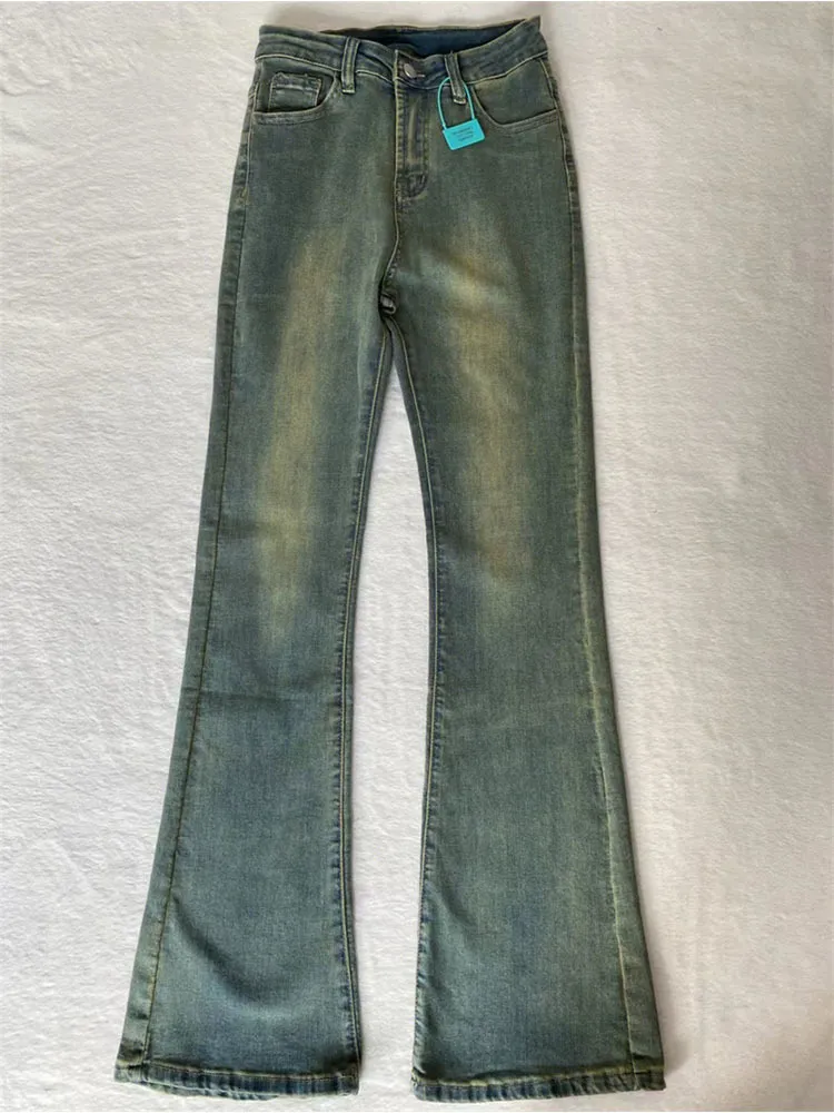 Kvinnors jeans koreansk stil flare wide ben jeans kvinnor elastisk hög midja mager mamma denim pants höst vinter mode överdimensionerad casual 230311