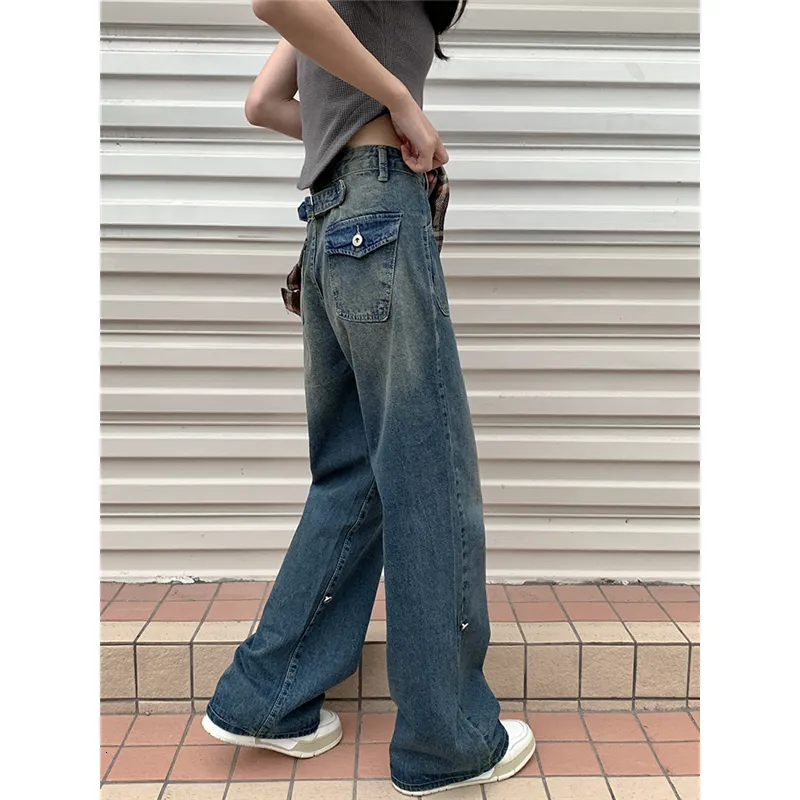 Women's Jeans Blue Women's Straight Jeans High Waist American Style Streetwear Vintage Pants Chic Design Casual Ladies Denim Wide Leg Trouser 230311