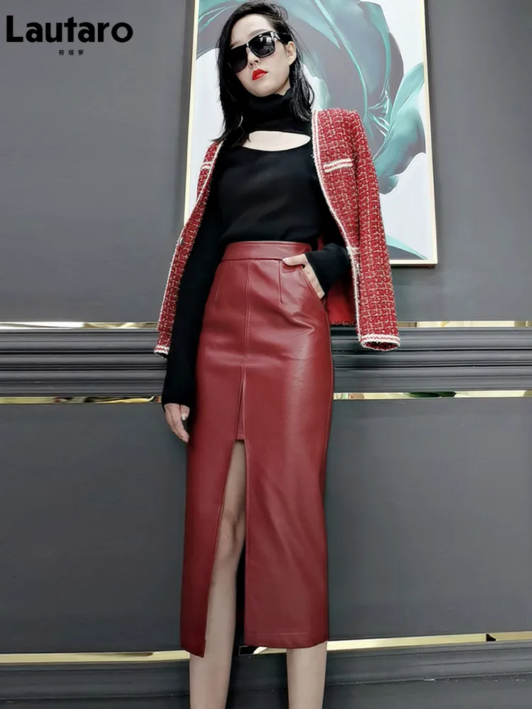 التنانير Lautaro Long Soft Faux Leather Pencil Skirt Women مع جيوب الأمامية الشق الجبهة مرتفعة من تنانير Midi للنساء تنورة حمراء 230313