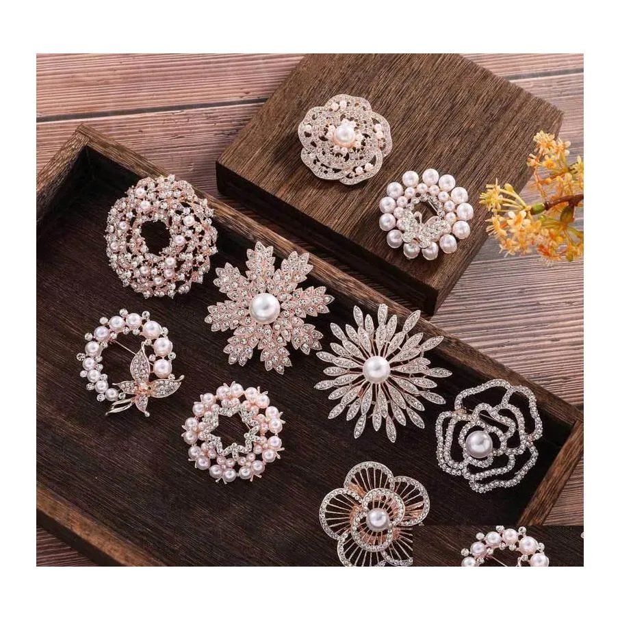 Schmuck Brosche Pin Strass Kristall Perle Blume Broschen Für Hochzeit Braut Runde Bouquet DIY Strass Zubehör Party Drop Dhwf6