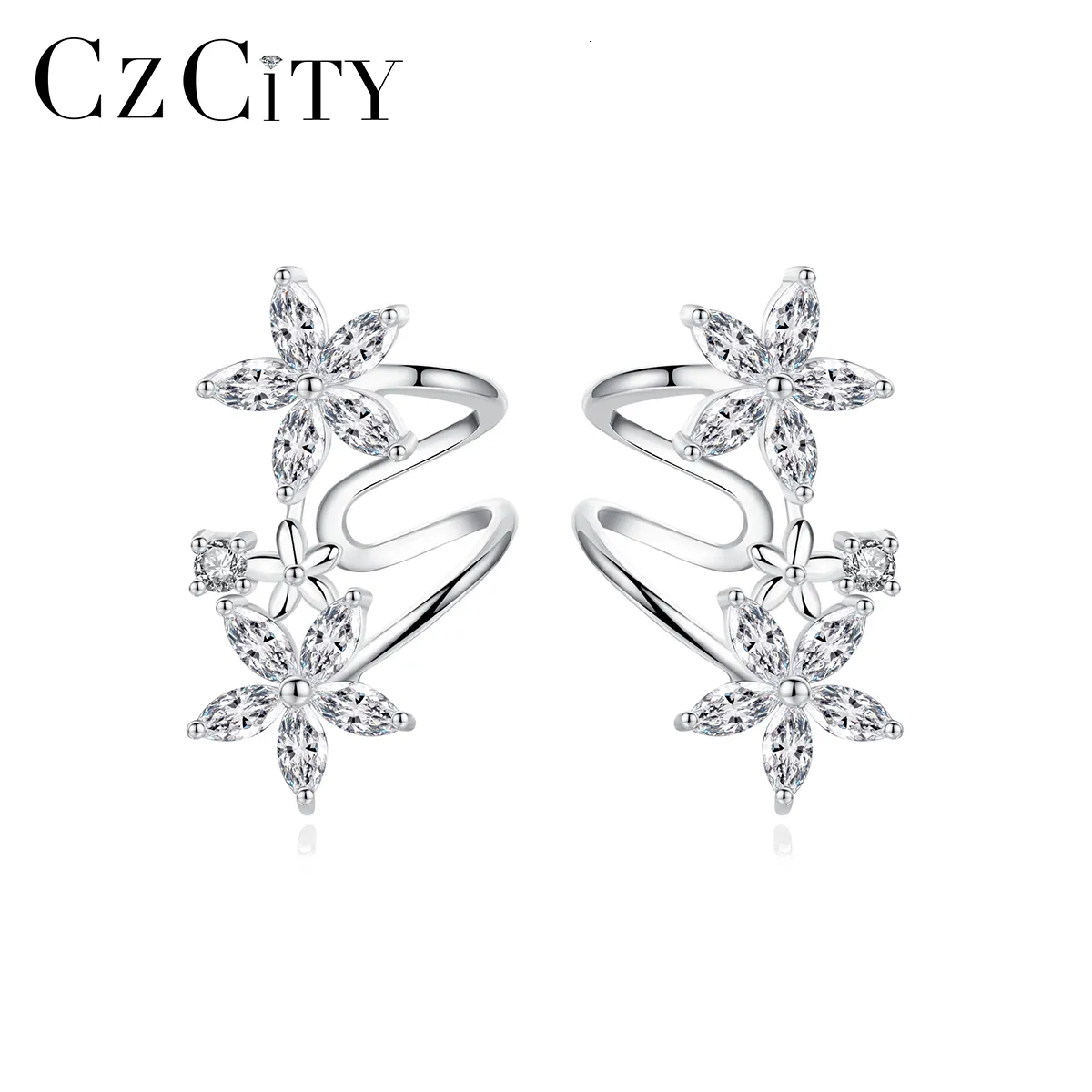 Charm CZCITY 925 Sterling Silver Cuff Stud Earrings For Girls White Gold Color Cubic Zirconia Flower Women CZ Ear Accessories Fine 230311