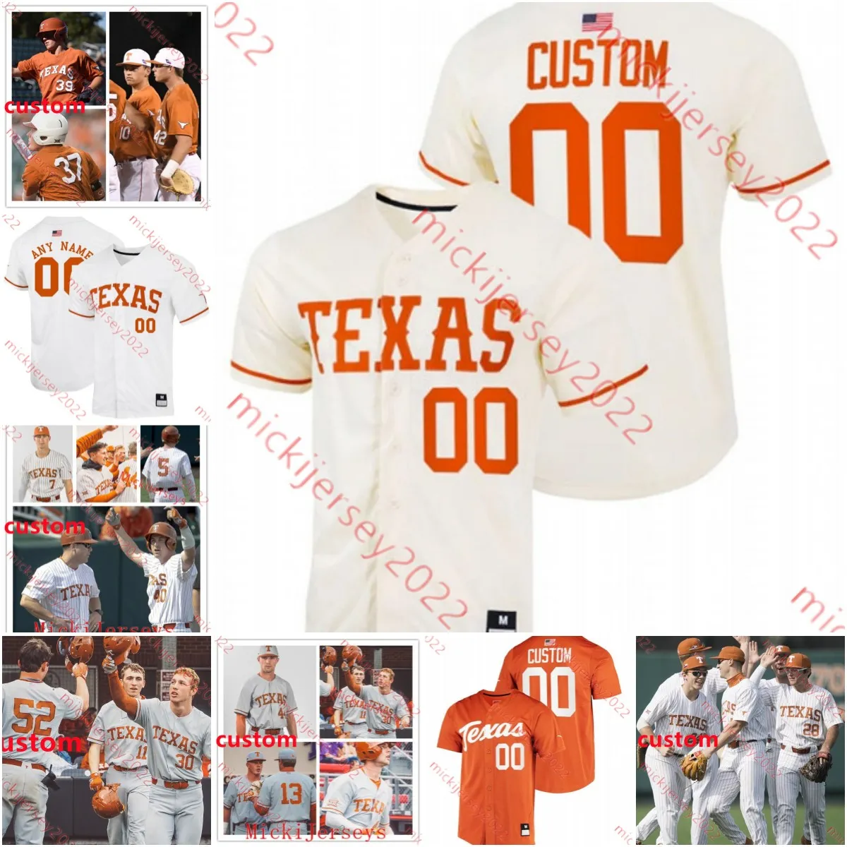 Maillot Texas Longhorns cousu Ryan Reynolds Duke Ellis Masen Hibbeler Zach Zubia Bryce Elder Blair Henley Coy Cobb Maillots de baseball Texas pour hommes personnalisés