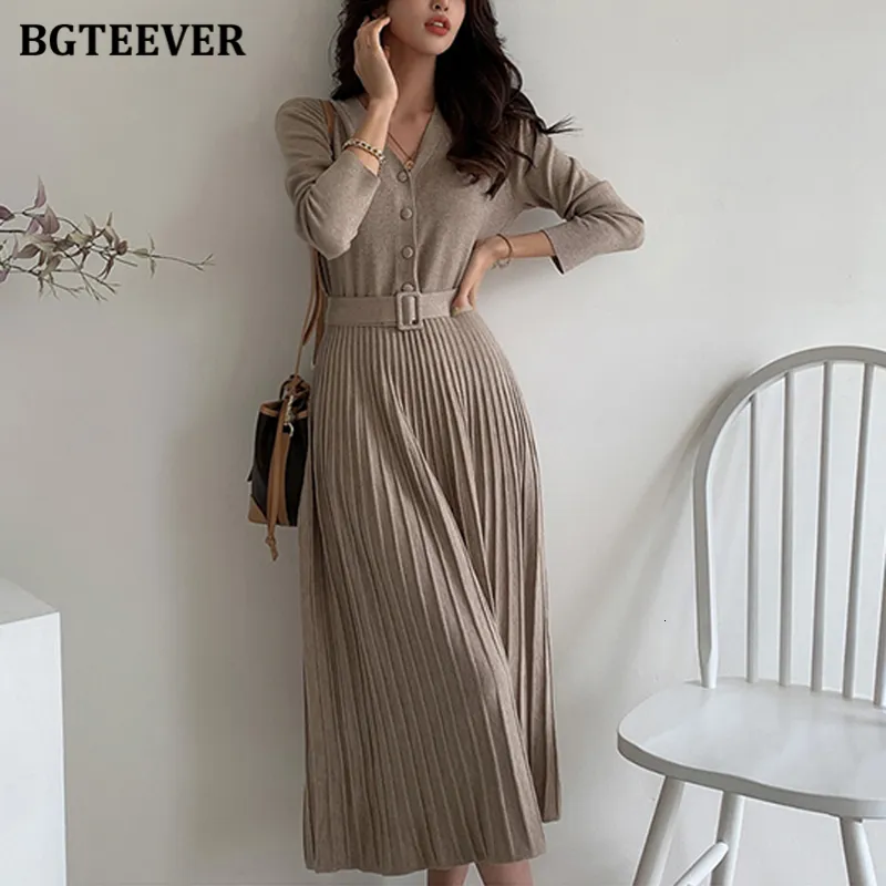 Casual Dresses BGTEEVER Elegant V-neck Single-breasted Women Thicken Sweater Dress Autumn Winter Knitted Belted Female A-line soft dresses 230313