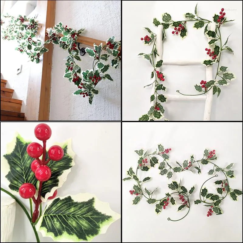 Fiori decorativi 200 cm Foglie di agrifoglio verde artificiale Bacche rosse Vite Natale Rattan Ghirlanda fai da te Albero di Natale Ornamenti appesi Casa