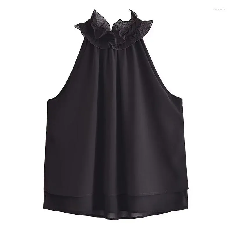 Kvinnors blusar Summer Kvinnor Chiffon ärmlösa skjortor Cascading Ruffles Halter Top Lady Street Black Blouse