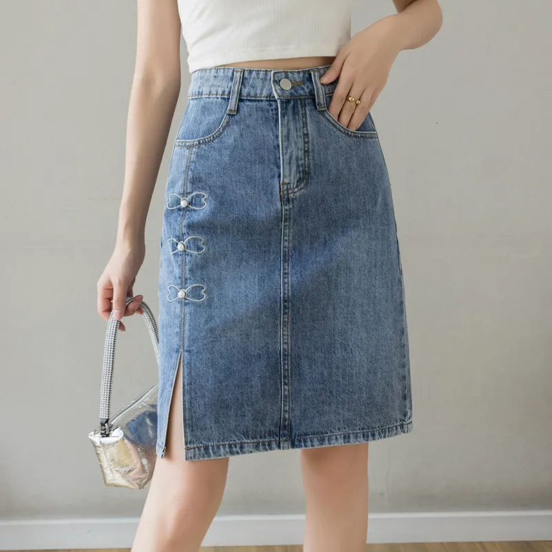 Skirts Denim Split Knee Length Skirt Women High Waist Embroidery Y2k Blue Kawaii Harajuku Vintage Sweet Thin Bodycon Pencil Jeans Skirt 230313