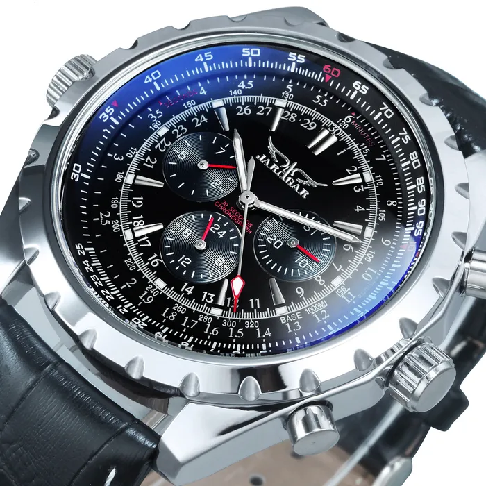Armbandsur Jaragar Men Automatiska mekaniska armbandsur Military Pilot Watch Leather Strap Sport Watch 3 Sub-Dial Top Brand Luxury Relogio 230313