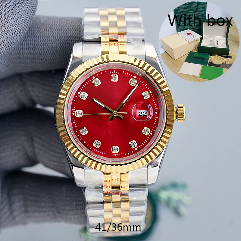 Luxe automatisch diamant horloge voor vrouwen 36 mm saffierglas 904L roestvrij staal waterdicht rode wijzerplaat