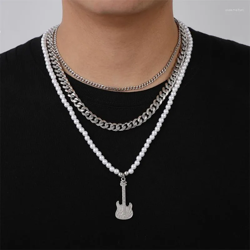 Pendant Necklaces WeSparking EMO Three Layers Chains Stainless Steel Necklace Guitar For Men Women 2023 Trend