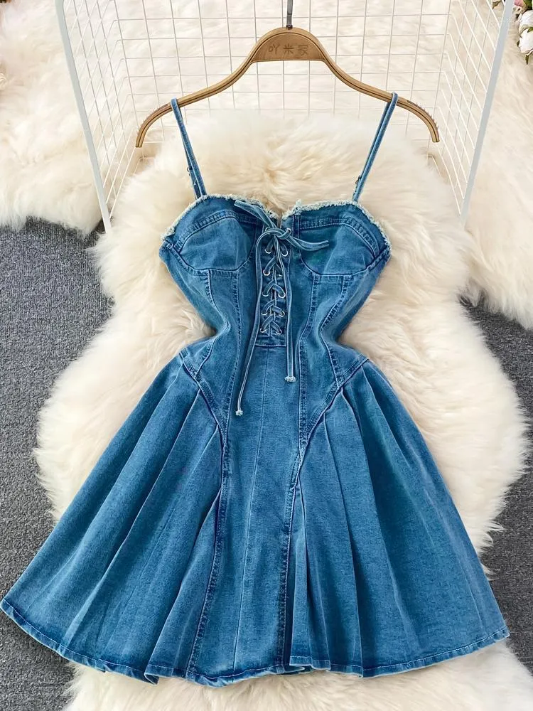 Casual jurken zcwxm blauw denim vrouwen zomer sexy v nek gotische spaghetti riem clubband rits ritsje uit schouder feestjurk
