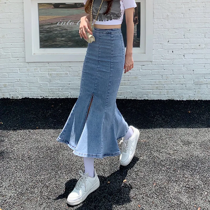 Skirts S-XL 2Colors Fish Tail Denim Skirt Women Mermaid Trumpet Long Skirts Ankle-Length Zipper Empire High Waist Jeans Female78709 230313