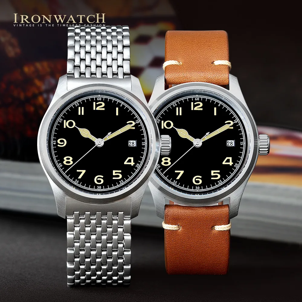 Wristwatches Ironwatch Pilot Watch 38mm Military Minimalist Style Custom Dial Calendar Luminous Waterproof Men's Automatic Mechanical Watch 230313