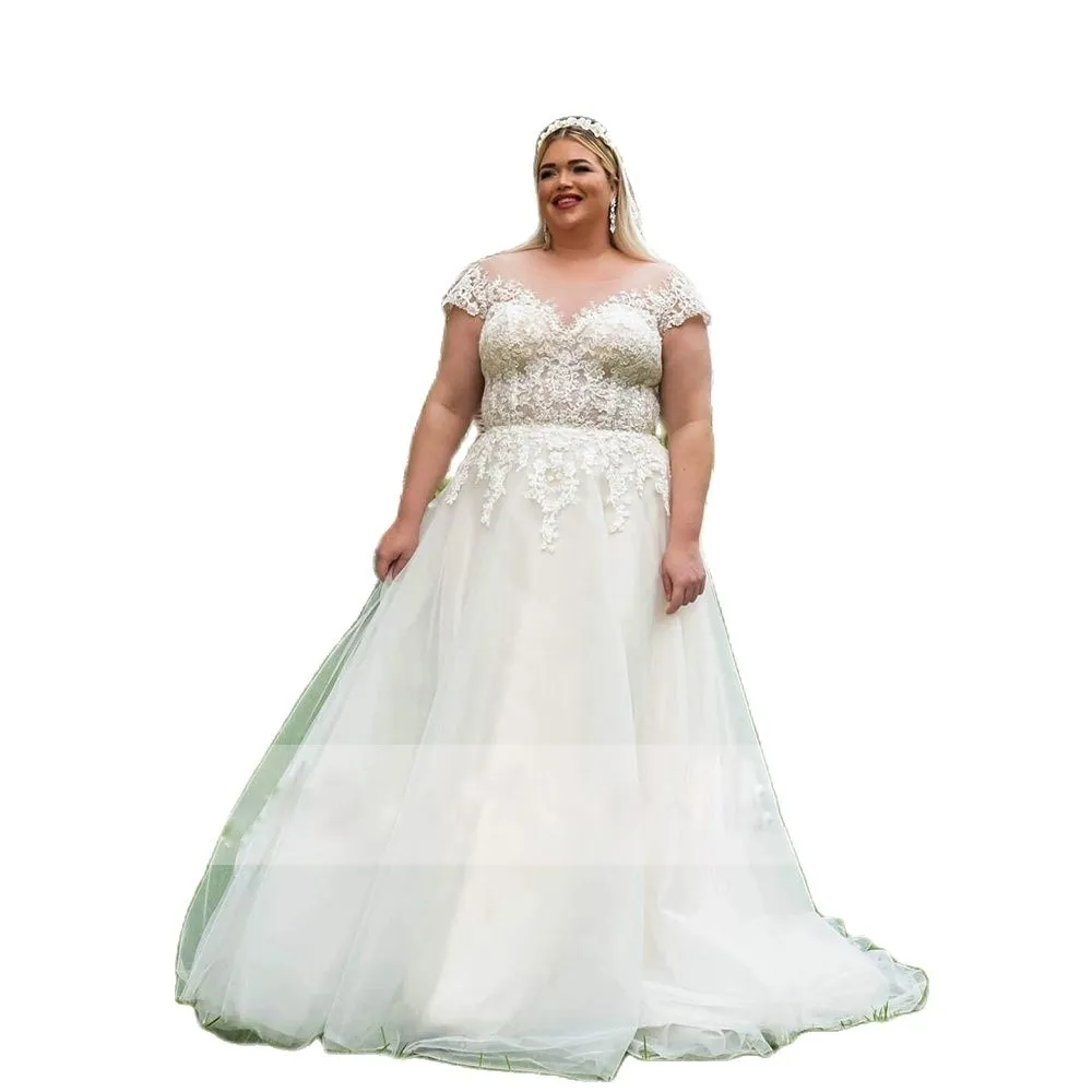 Abiti da sposa vintage Plus Size Garden A Line Abiti da sposa manica corta con applique Sheer Neck Bohemian Country Vestidos De Mariage