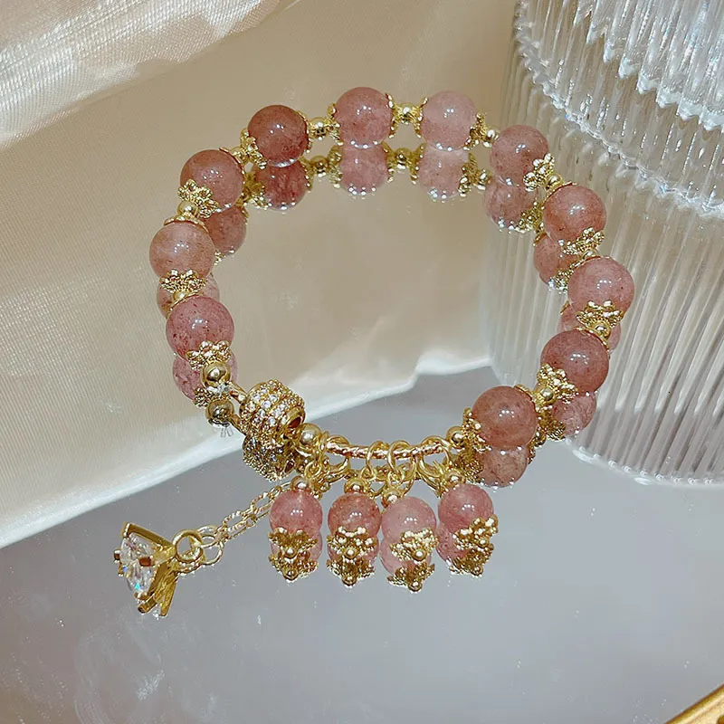 Charm Bracelets Arrival Korea Fashion Tassel Micro-inlaid Zircon Natural Strawberry Quartz Beaded Bracelets for Women Fine Jewelry YBR637 230311