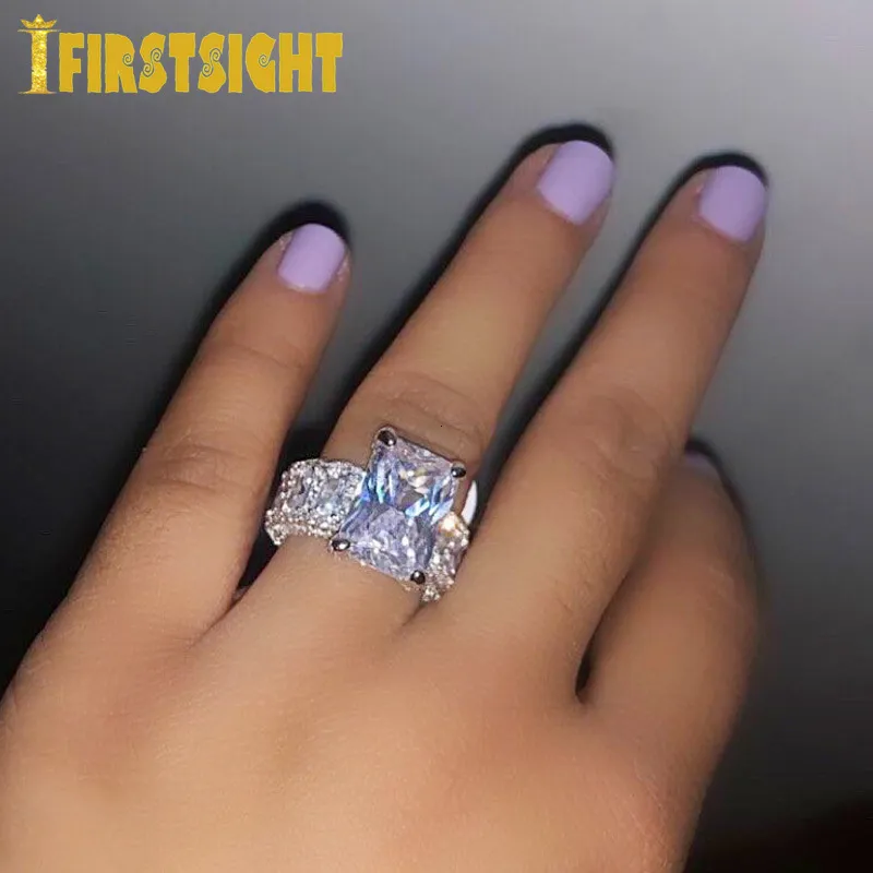 Wedding Rings Silver Color Cz Square Ring Big Stone Cut AAAA Cz Engagement Wedding Band Rings For Women Men Party Jewelry Cz Ring 230313