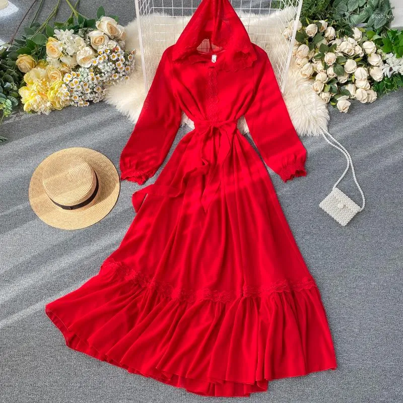 Casual Dresses 2023 Spring Women Ruffles Chiffon Hooded White Bohemian Vestidos Elegantes Summer Lantern Sleeve Ankle-length Elegant Long