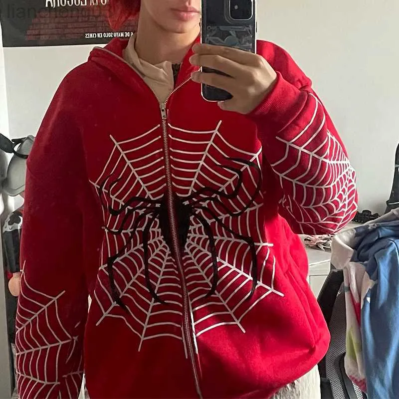 Bluza Spider Web Red Graphic Bluzy Męskie ubranie ciepłe Haruku Vintage Grunge Y2K Zip Up Up Hour For Men and Women Bluza Tops W0313