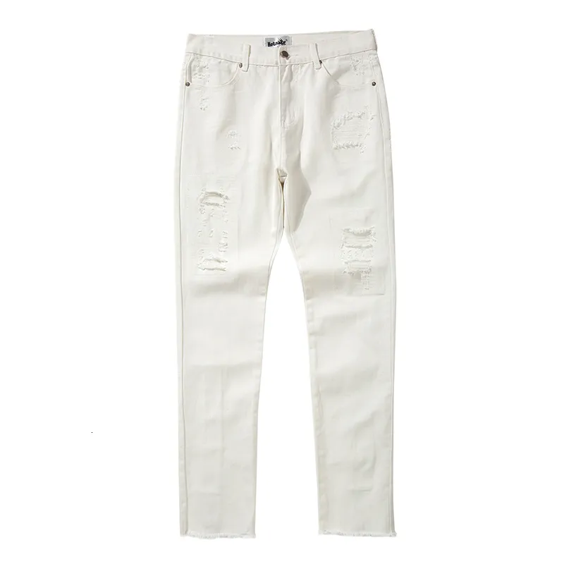 Mens Jeans Harajuku Back Zipper Hole Ripped White Jeans