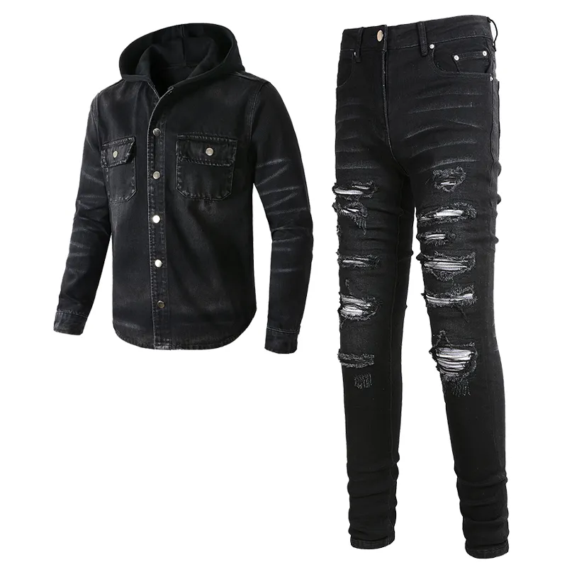 2023 Chándales Punk Street Hombres Negro 2 piezas Conjuntos de jeans Chaqueta de mezclilla con capucha de primavera y pantalones elásticos con parche rasgado Ropa de hombre vintage