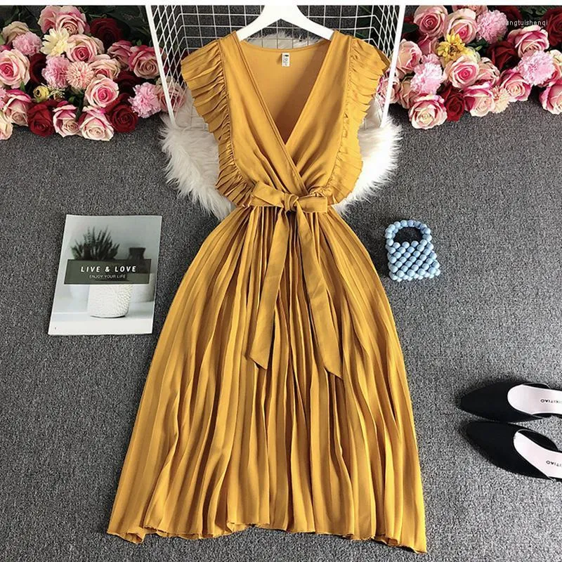 Casual Dresses ZCWXM Summer Women French Pleated Dress Mid-calf Sleeveless V-Neck Elegant Lace Up Black/Yellow/Green Sashes Chiffon