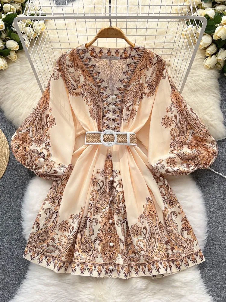 AELEWELL Women's Paisley Print Vintage Dress with Lantern Sleeves and belt - Casual Spring Runway Fashion Mini Dress (230313)