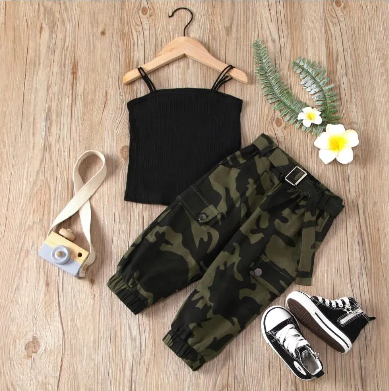 Crianças de roupas de meninas de meninas conjuntos de verão crianças tanque preto top de camuflagem calças de camuflagem roupas roupas casuais roupas de meninas